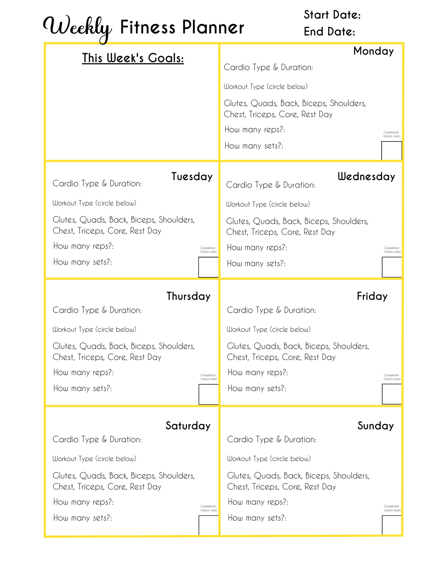 Digital Tayk Media: Weekly Fitness Planner