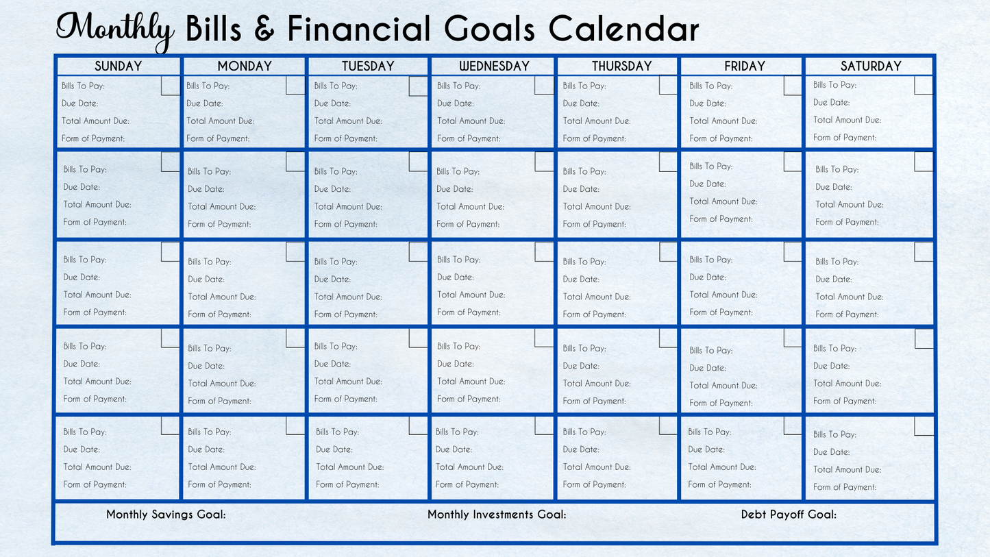 Digital Tayk Media: Monthly Bills & Financial Goals Calendar