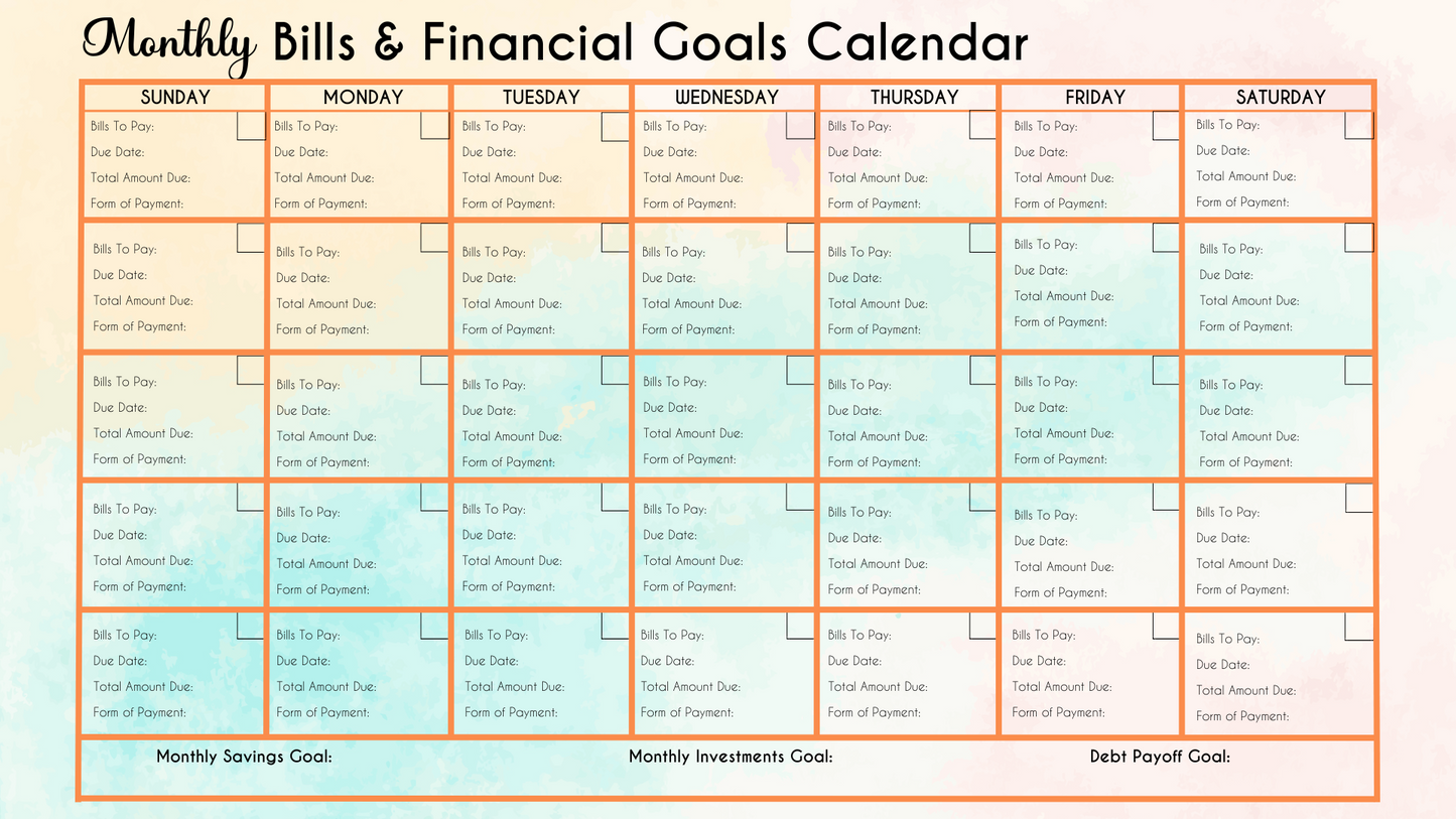 Digital Tayk Media: Monthly Bills & Financial Goals Calendar